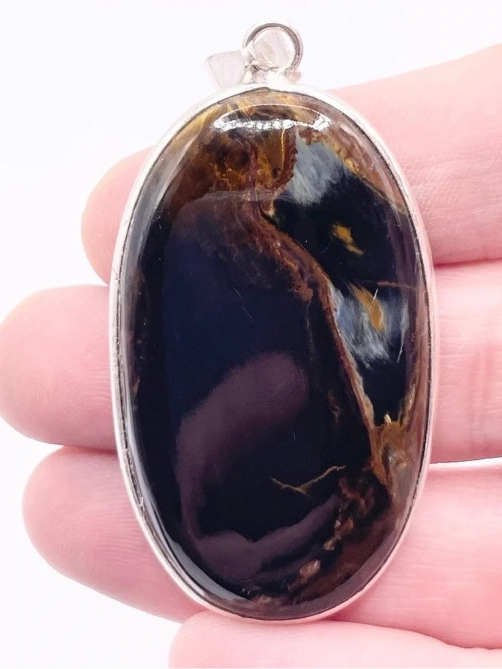 Pietersite 925 Sterling Silver Brown and Black Oval Pendant